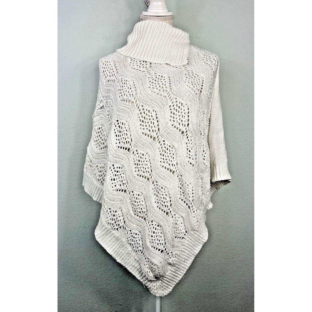 Chico's‎ Poncho Women S/M White Turtleneck Open Knit Sequin Pointed Hem Sweater